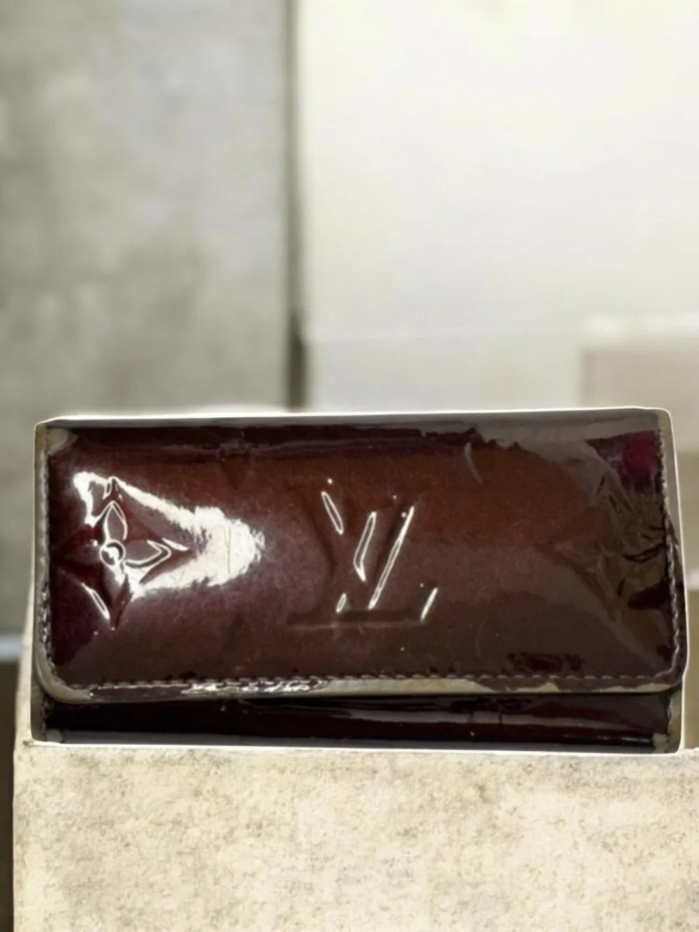 Louis Vuitton Patent Vernis Wallet in Burgundy Brown with Gold Hardware